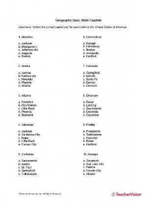States and Capitals Quiz (Printable, Grades 5-8) - TeacherVision